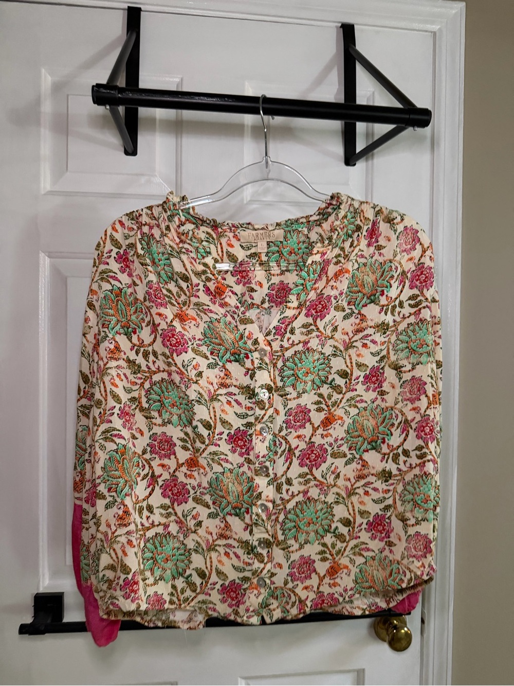 Women’s Floral Button-Front Blouse in Cream with Pink & Teal
